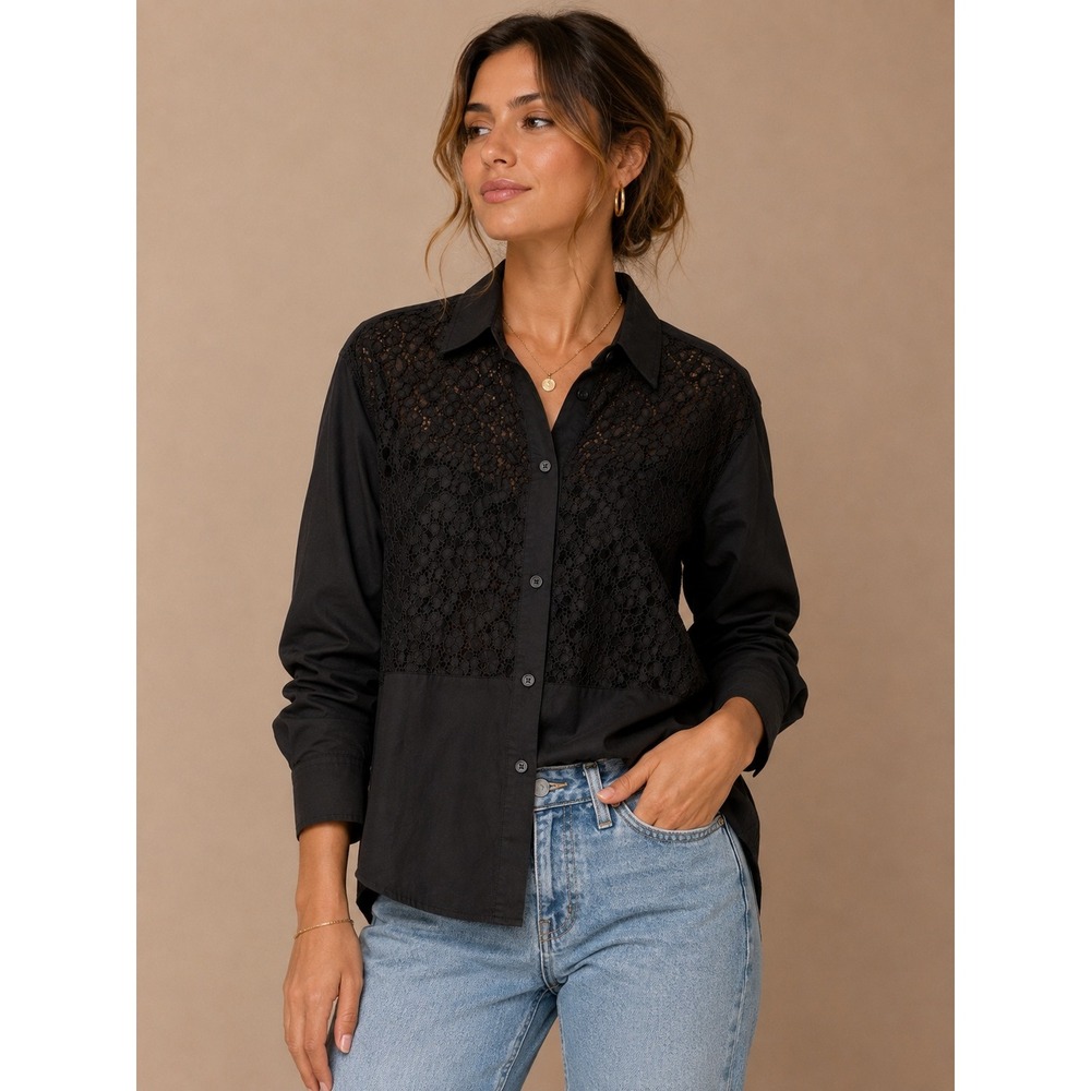 Gap Women Button Down Shirt XS Black The Big Shirt Lace Front Long Sleeve